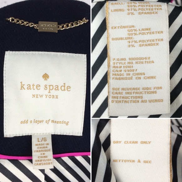 Kate Spade Bow-Back Double Breasted Peacoat Wool Blend Deep Navy L - Picture 3 of 12